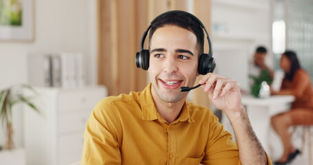 Poster - Contact us, call center and crm, man at computer in modern office, customer service agent with headset and smile. Help desk, telemarketing or sales consultant, happy advisory support and consulting.