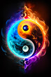 The yin and yang symbol in flames on black background. Generative AI.