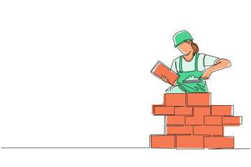 Poster - continuous one line drawing repairwoman building brick wall. construction worker in uniform and helm