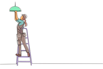 Poster - single continuous line drawing worker electrician on ladder change light bulb. professional repairwo