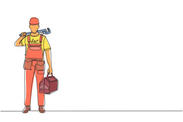 Poster - continuous one line drawing man plumber holding wrench and tools box in hands stands isolated. profe