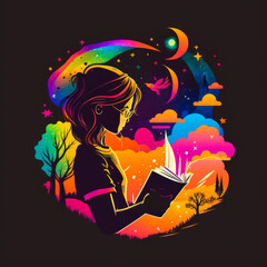 Girl reading book in front of rainbow. Generative AI.