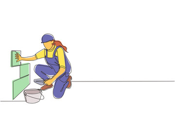 Poster - Single one line drawing repair worker laying ceramic wall tile. Professional tiler in uniform working. Repairwoman in overalls tiling at home. Continuous line draw design graphic vector illustration