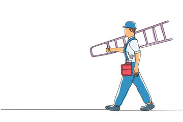 Poster - Single one line drawing repairman with ladder. Handyman working on call. Carpenter handle activity on renovation home. Hard laborer job. Painter worker handy man. Continuous line draw design vector