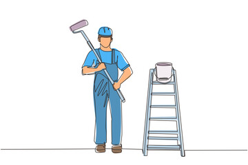 Poster - continuous one line drawing painter man in overalls with a painting roller, with bucket and ladder. 