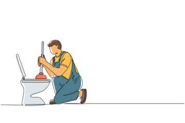 Poster - single one line drawing toilet cleaning, plumbing service. plumbing toilet leakage or clogging, plum