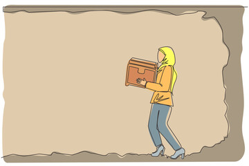 Poster - Single continuous line drawing Arab businesswoman carrying treasure chest from underground. Treasure digging, growth wealth concept lucky rich woman, hard working process. One line draw design vector