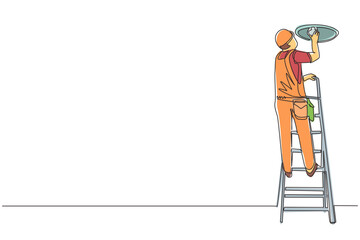 Poster - continuous one line drawing worker electrician on ladder change light bulb. professional repairman i