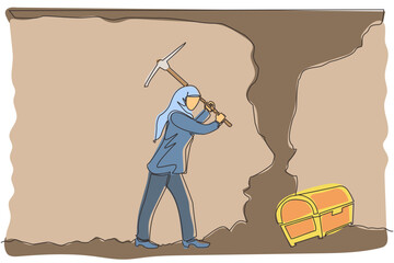 Poster - Continuous one line drawing Arabian businesswoman digging with pickaxe looking for hidden treasures. Woman digging and mining for treasure chest in underground tunnel. Single line draw design vector