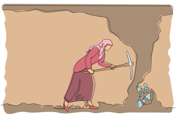 Poster - Single continuous line drawing Arab businesswoman digging with pickaxe to get diamond. Worker digging and mining for diamond in an underground tunnel. One line draw graphic design vector illustration