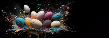 Happy Easter Greetings Banner Black Background With Copy Space, Eggs Splash On Colorful Paint. Generative AI Illustration