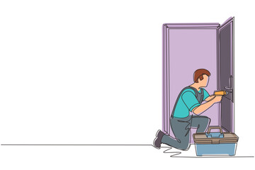 Poster - single continuous line drawing door service. repairman in the uniform with special equipment repair 