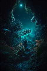 Poster - An image of dark cave with plants and trees. Generative AI.