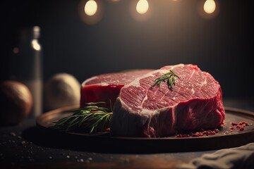 Wall Mural - Raw beef steak with rosemary and garlic on wooden cutting board. Generative AI.