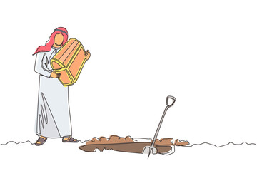 Poster - Continuous one line drawing businesswoman walking and holding treasure chest. Woman with treasure box that contained many gold coins. Business metaphor. Single line design vector graphic illustration