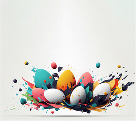 Wall Mural - Happy Easter greetings poster white background with copy space, eggs splash on colorful paint. Generative AI illustration