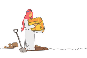 Poster - Single continuous line drawing happy man hunter seeker hold chest find treasure in ground. Excited Arabian businessman with gem artefact. Treasure gold hunting. One line draw graphic design vector