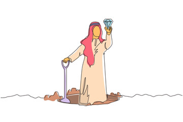 Poster - Continuous one line drawing happy Arab businessman hold and find diamond from ground. Excited treasure seeker with precious stone in hand. Treasure gold hunting. Single line draw design vector graphic