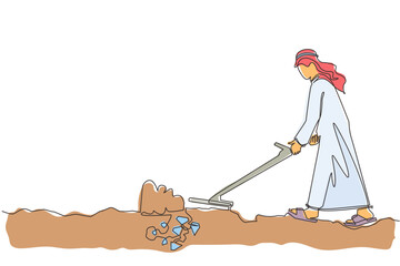 Poster - Single continuous line drawing businesswoman with metal detector looking for pile of diamonds. Woman treasure hunter with metal detector finding precious stone. Dynamic one line graphic design vector