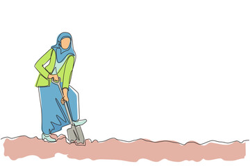 Poster - Single one line drawing Arabian businesswoman digging in dirt using shovel. Woman in hijab dig ground with spade. Business metaphor. Hard working process. Continuous line draw design graphic vector