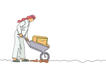 Poster - Single one line drawing happy businesswoman in blazer pushing cart with treasure chest. Wheelbarrow with gold, jewelry, treasures. Business, finance concept. Continuous line draw design graphic vector
