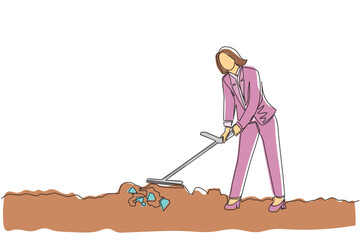 Poster - Single continuous line drawing Arabian businessman with metal detector looking for pile of diamonds. Man treasure hunter with metal detector finding precious stone. One line draw graphic design vector