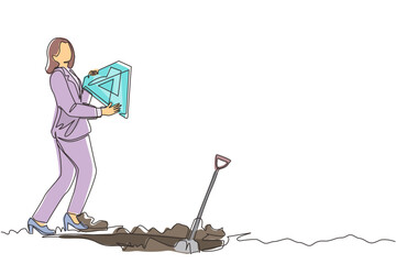 Poster - Continuous one line drawing Arabian businessman walking and holding big diamond. Happy man with precious stone. Successful business finance concept. Single line draw design vector graphic illustration