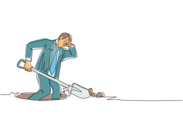 Poster - single continuous line drawing businessman wipes sweat on his forehead while digging hole. worker ne
