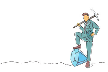 Poster - Single one line drawing businessman digging ground with pickaxe and finding big diamond. Success business, achievement, and discovery concept. Continuous line draw design graphic vector illustration