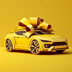 Sticker - Yellow sports car with bow on it. Generative AI.