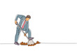 Single one line drawing businessman digging in dirt using shovel. Man in suit dig ground with spade. Business metaphor. Hard working process. Modern continuous line design graphic vector illustration
