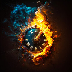 Wall Mural - Clock with flames and smoke on black background. Generative AI.