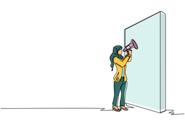 Poster - Continuous one line drawing Arabian businesswoman holding megaphone standing in front of wall. Woman shouts on megaphone. Leader announces career promotion. Single line draw design vector illustration