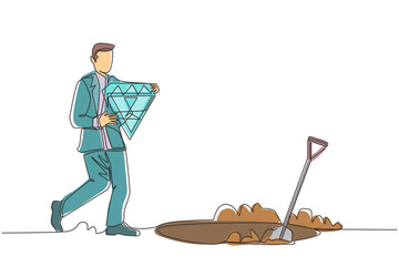 Poster - Continuous one line drawing businessman walking and holding big diamond. Happy man with precious stone. Successful business and finance concept. Single line draw design vector graphic illustration