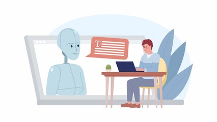 Fototapete - Animated AI text generator. Content marketer using artificial intelligence. 2D cartoon flat character 4K video footage on white with alpha channel transparency. Concept animation for web design