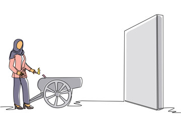 Poster - Continuous one line drawing Arab businesswoman ignites cannon in front of wall and want to destroy. Starting new business company by destroying obstacles to reach goal. Single line draw design vector