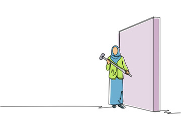 Poster - Single continuous line drawing Arab businesswoman standing and holding big hammer while facing wall. Goal achievement, business strategy. Successful overcoming of problems. One line draw design vector