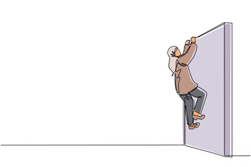 Poster - single continuous line drawing arab businesswoman climb obstacle wall, solve the problem. business c