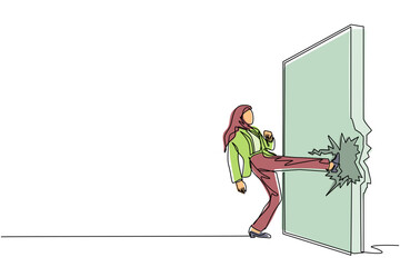 Poster - Continuous one line drawing Arab businesswoman doing kung fu or karate kick to destroy brick wall. Business concept of obstacle, solution. Obstruction ruined with force. Single line draw design vector