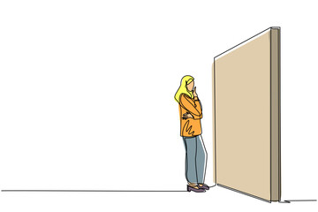 Poster - single one line drawing arabian businesswoman thinking in front of big obstacle or wall. representin