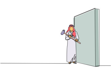 Poster - single continuous line drawing arabic businessman standing and holding big hammer while facing wall.