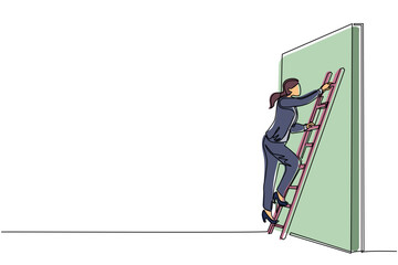 Poster - Continuous one line drawing businesswoman climbing up the wall with ladder. Business obstacle metaphor. Symbol for career growth, finding creative solution. Single line draw design vector illustration