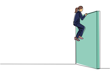 Poster - Continuous one line drawing businesswoman overcame wall obstacles that blocked her and conquered adversity. Overcome difficulties to achieve victory. Single line design vector graphic illustration