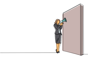 Poster - Continuous one line drawing businesswoman holding megaphone standing in front of wall. Woman shouts on megaphone. Leader announces career promotion. Single line draw design vector graphic illustration