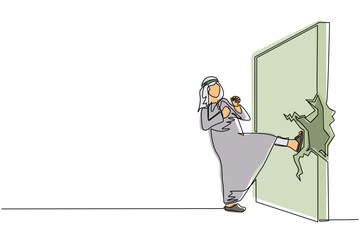 Poster - Single continuous line drawing Arab businessman doing kungfu or karate kick to destroy brick wall. Business concept of obstacle and solution. Obstruction ruined with force. One line draw design vector