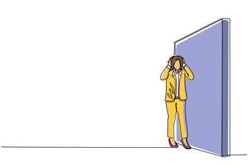 Poster - Single continuous line drawing cute businesswoman standing and confused in front of huge brick wall barriers. Scene for wrong business decision, mistake, deadlock. One line draw graphic design vector