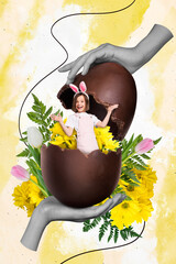 Creative retro 3d magazine collage image of funky small kid hiding easter chocolate egg isolated painting background