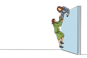 Poster - Single continuous line drawing businesswoman helping another businesswoman climb wall. Confident successful leading businesswoman helping another one to get over brick wall. One line design vector