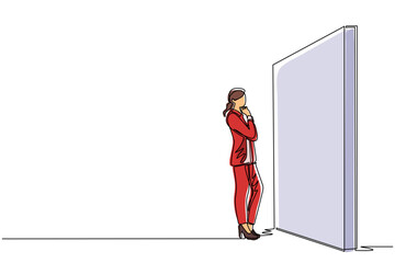 Poster - Single continuous line drawing businesswoman thinking in front of big obstacle or wall. Abstract representing risk management. Finding solution and problem solving concept. One line draw design vector