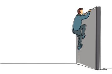 Poster - continuous one line drawing businessman climb the obstacle wall, solve the problem. business concept